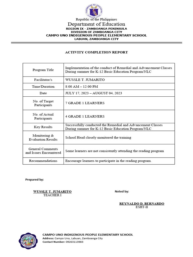 Activity Completion Report | PDF