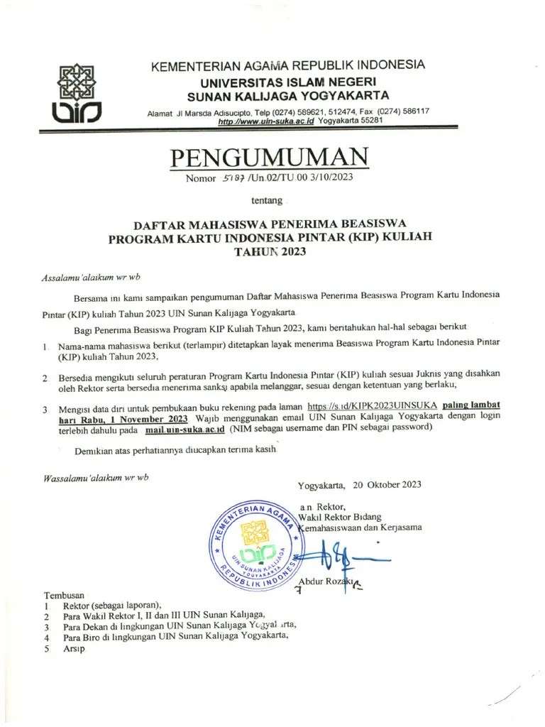 100 20231020 Pengumuman Penerima Beasiswa KIP Kuliah Tahun 2023 | PDF