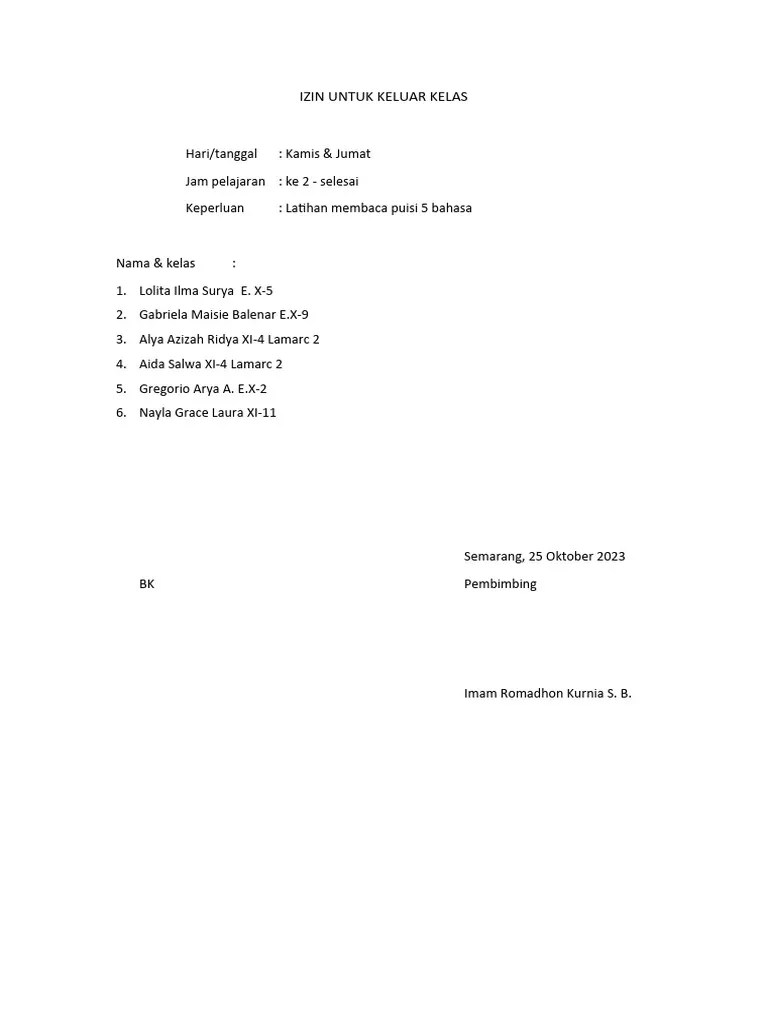 Surat Izin Siswa Izin Untuk Keluar Kelas | PDF