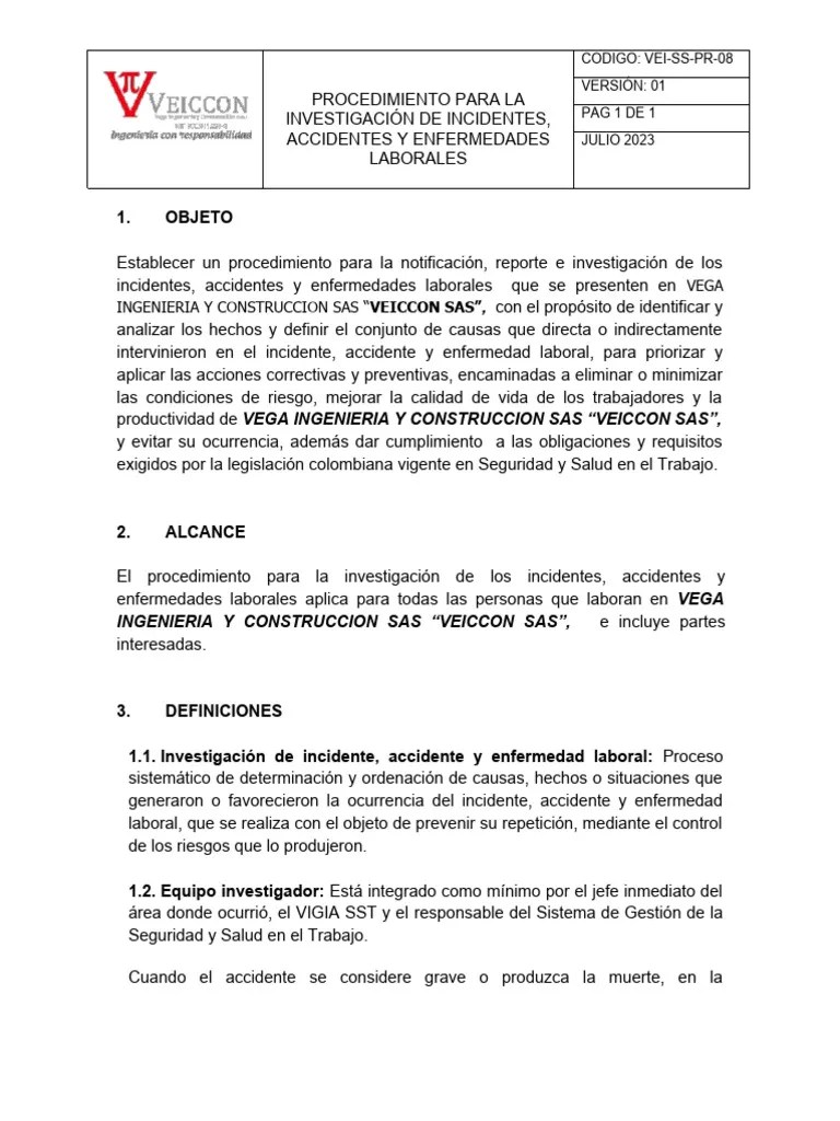 Vei-Ss-Pr-08 Procedimiento Para La Investigación De Incidentes, Accidentes Y Enfermedades ...