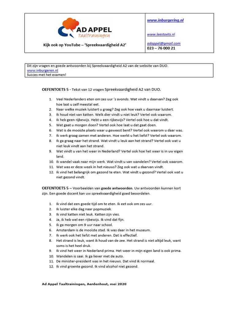 Spreekvaardigheid A2 - Oefentoets 05 - 2020 | PDF