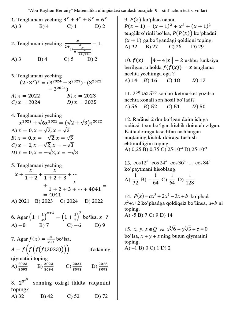9-Sinf Olimpiada Savollari | PDF | Hindu Philosophical Concepts