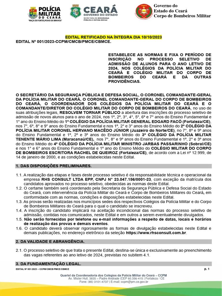 4° COLÉGIO DA POLÍCIA MILITAR DO CEARÁ - SOBRAL Edital Do Processo ...