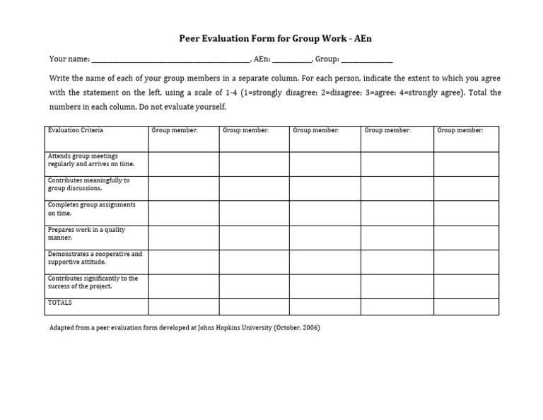 Peer Evaluation Form For Group Work | PDF