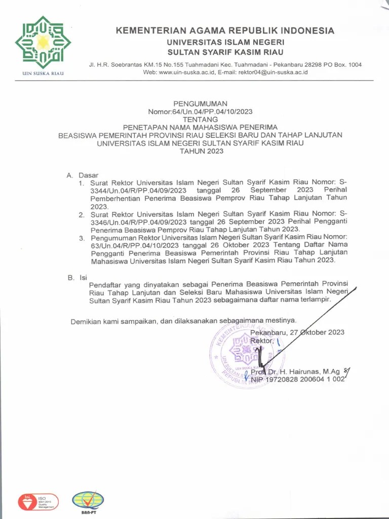 Pengumuman Penetapan Nama Mahasiswa Penerima Beasiswa Pemprov Riau Seleksi Baru Dan Lanjutan ...