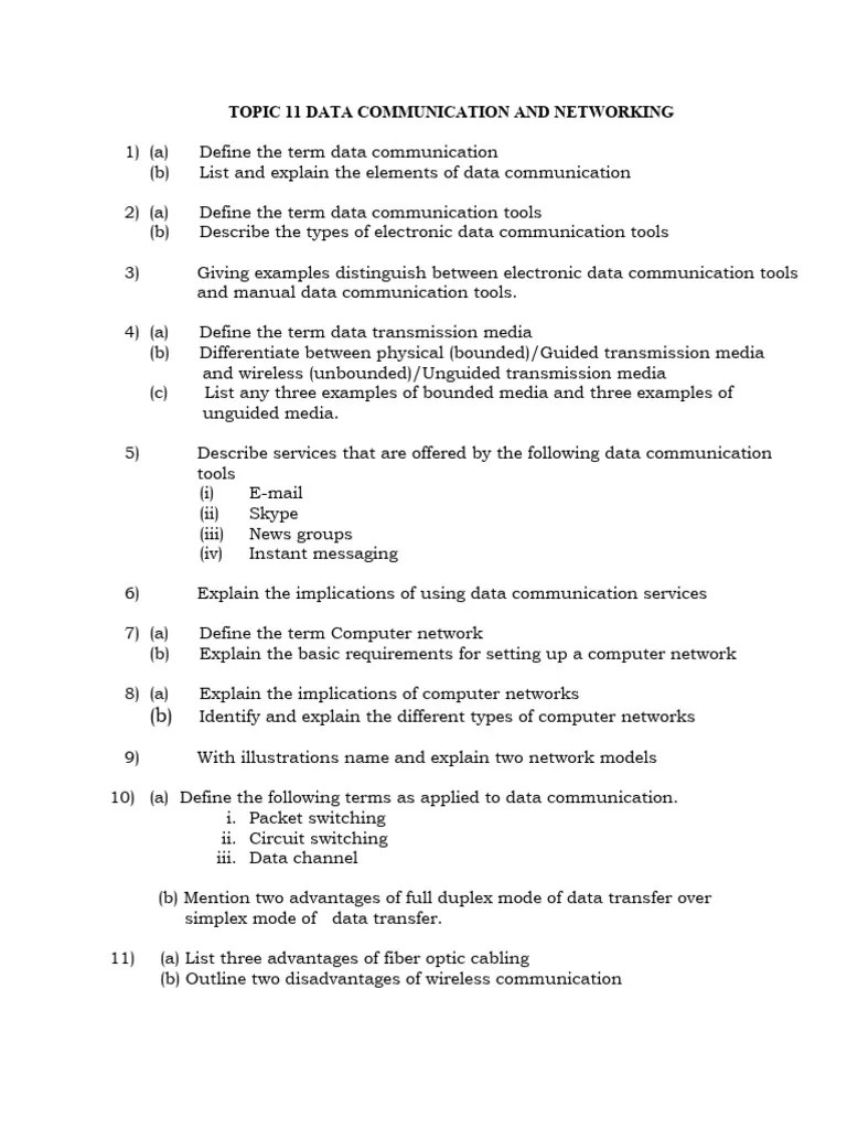 S6 Ict Revision Questions Guiding Questions Topic 11 Data Communication ...