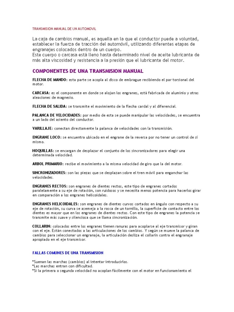 Transmision Manual De Un Automovil | PDF | Transmisión (Mecánica ...
