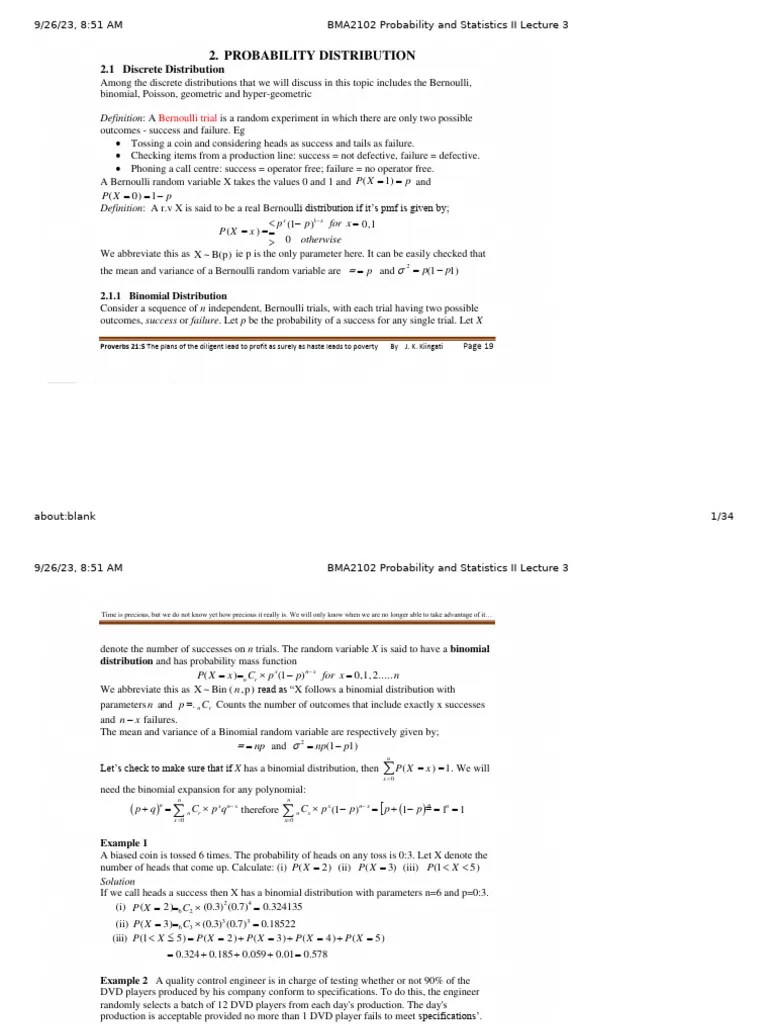 BMA2102 Probability And Statistics II Lecture 3 | PDF | Probability ...