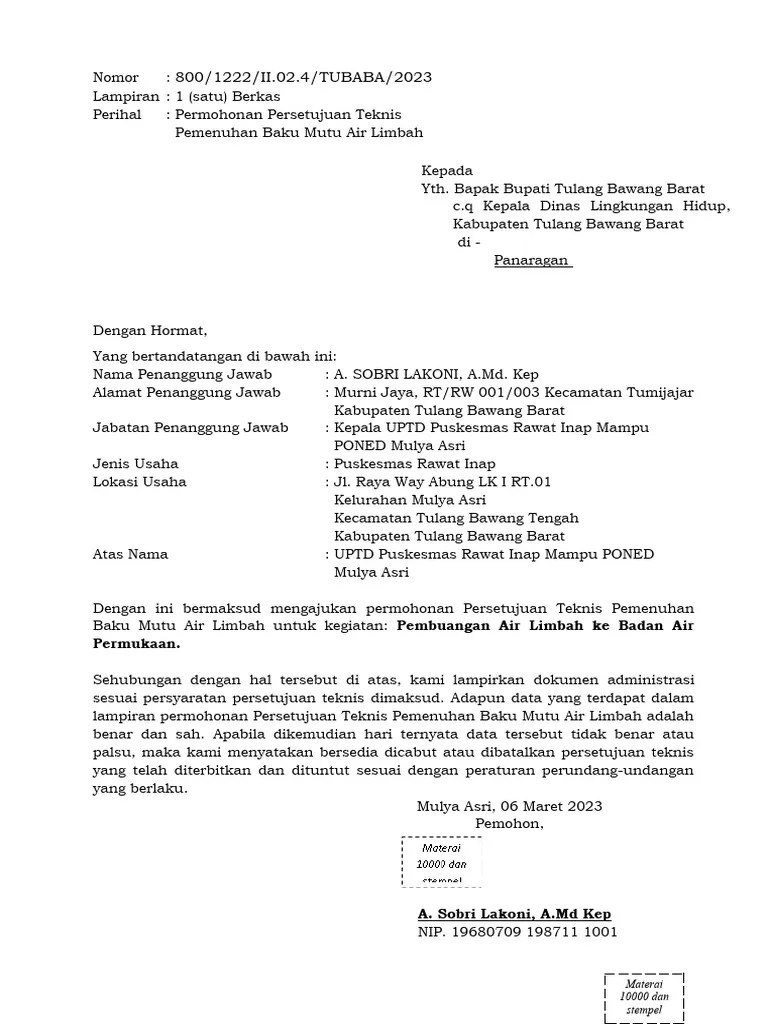 PKM Mulya Asri Surat Permohonan Persetujuan Teknis Pemenuhan Baku Mutu ...