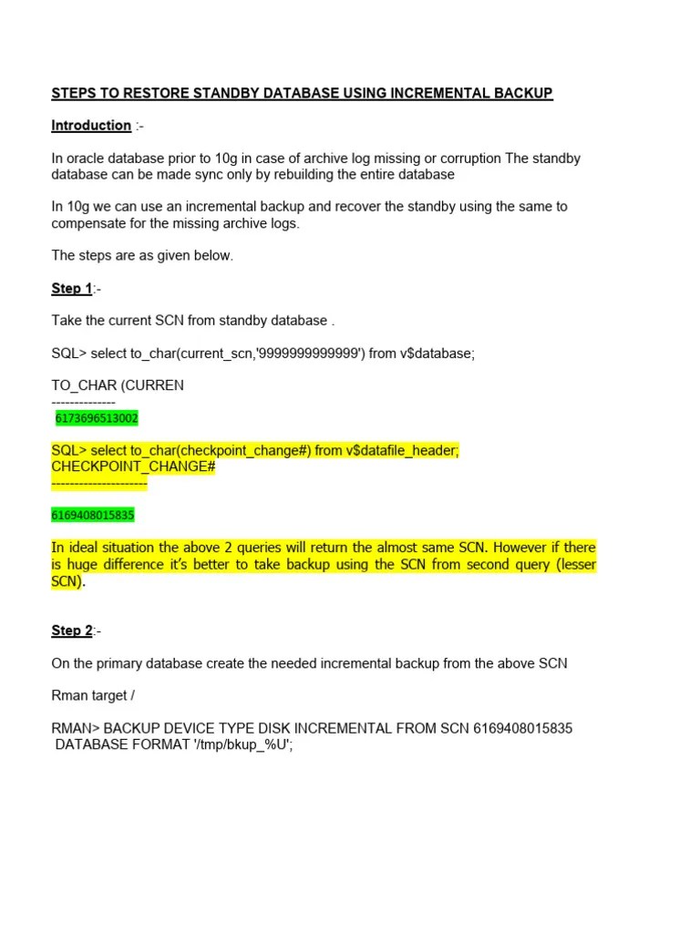 Steps To Restore Standby Database Using Incremental Backup | PDF