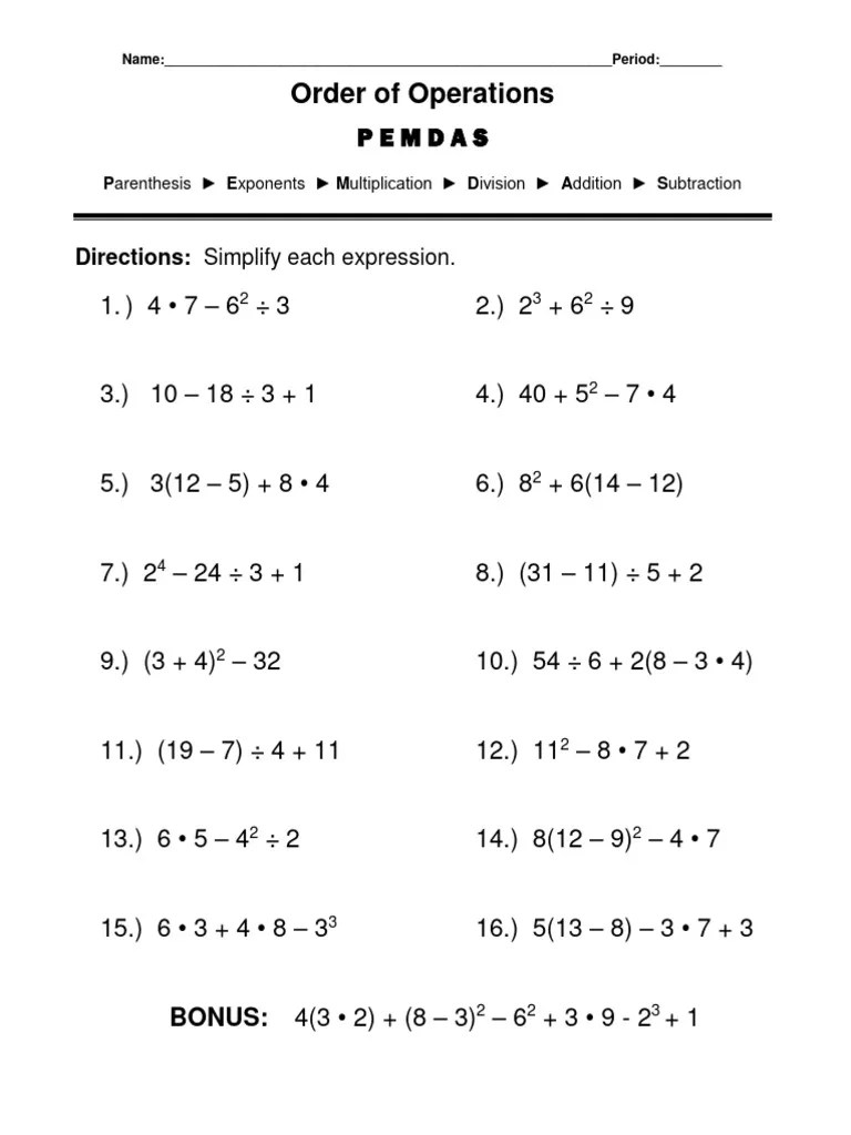 PEMDAS Worksheet | PDF