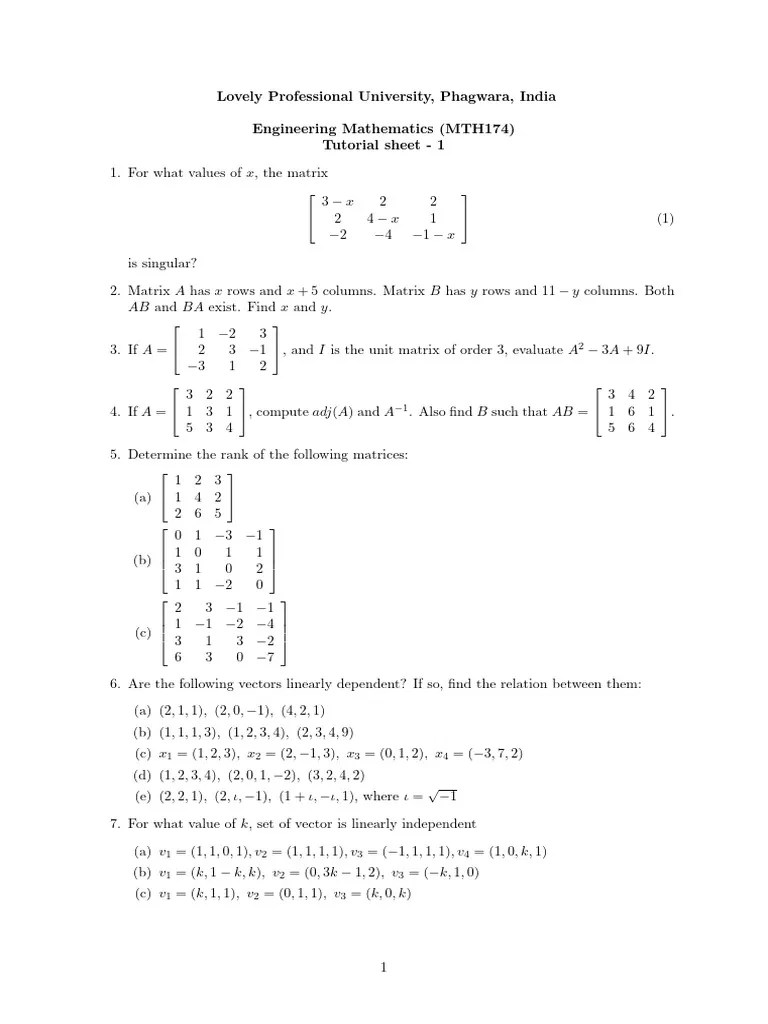 Tutorial Sheet1 | PDF | Matrix (Mathematics) | Linear Algebra