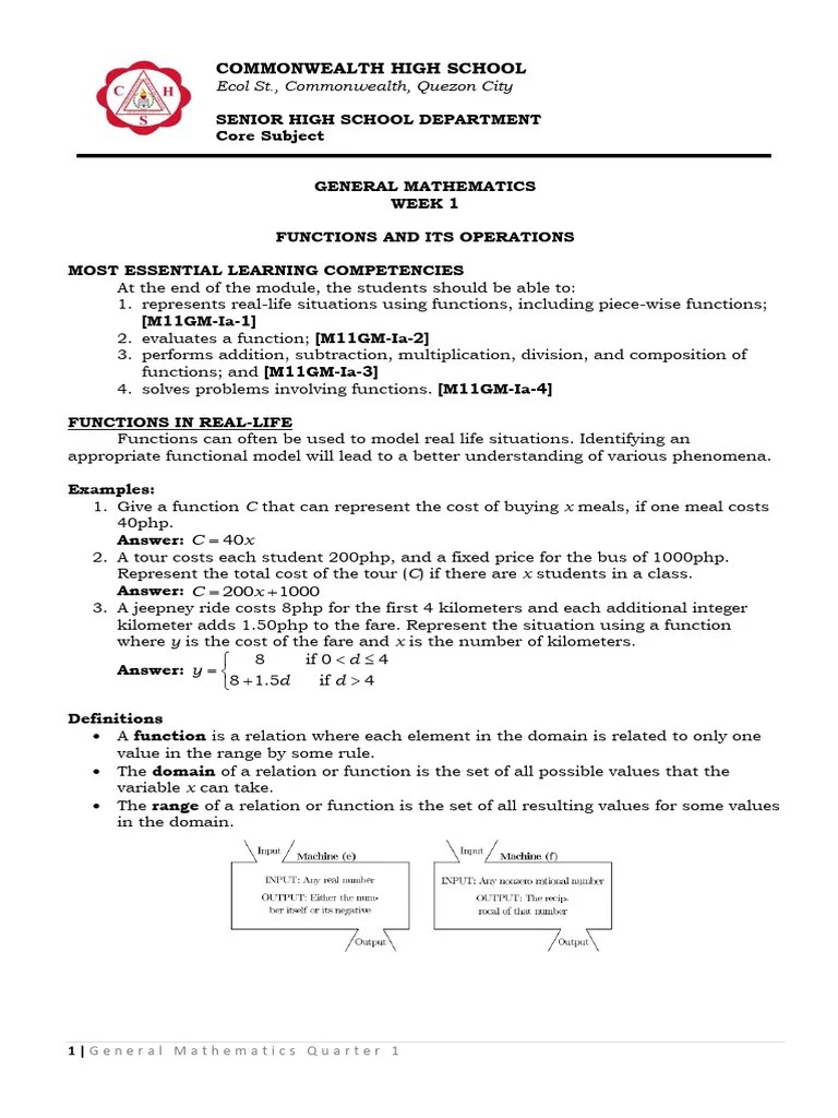 Week 1 Gen Math Functions - Lecture | PDF | Function (Mathematics ...
