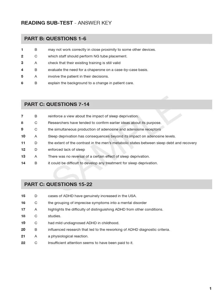 Reading Sample Test 1 Answer Key Part BC | PDF