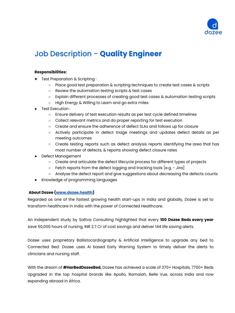 _Dozee_JD_-_Quality_Engineer_Campus_1 | PDF