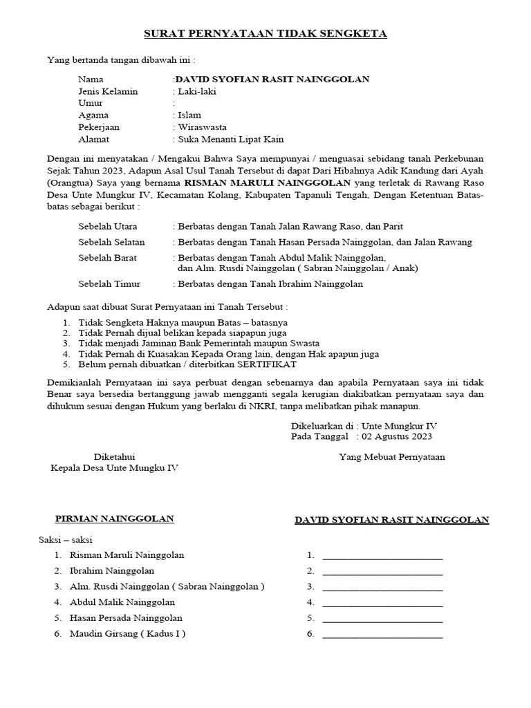 Surat Pernyataan Tidak Sengketa Raso | PDF | Hukum