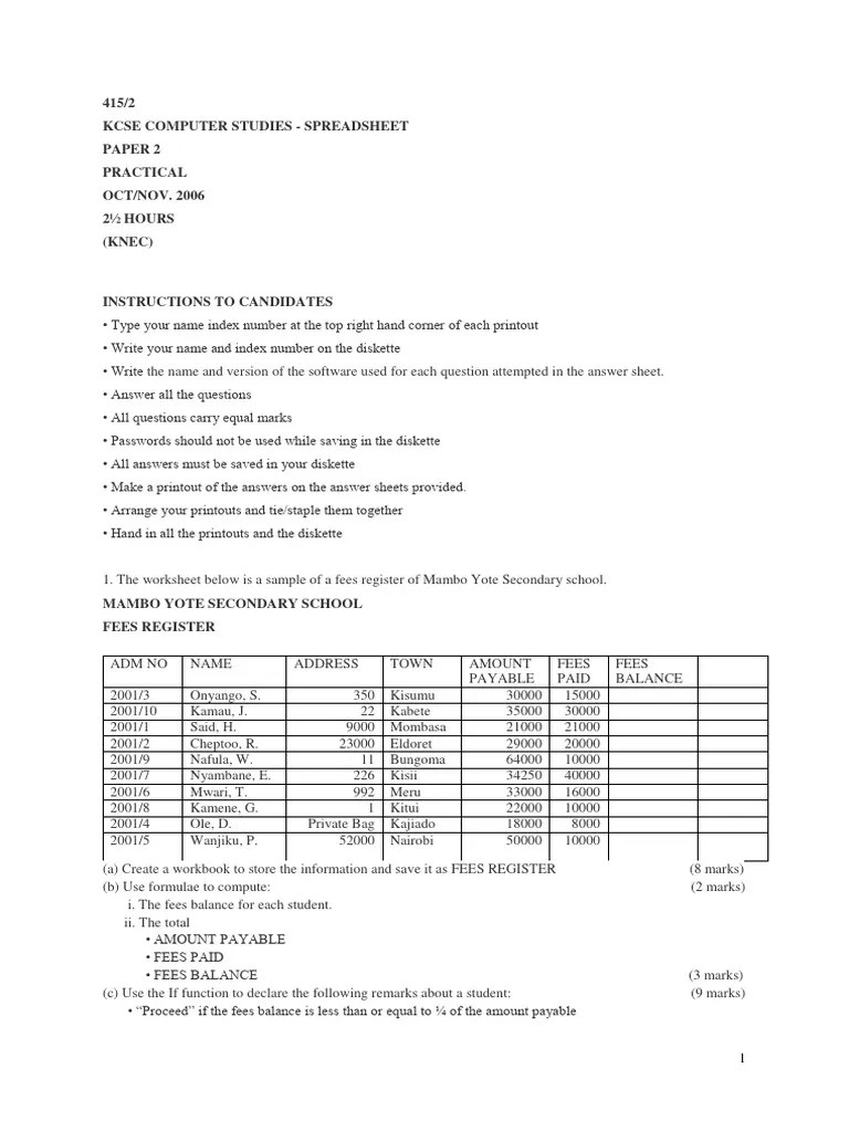 Spreadsheet 2006-2021 Kcse Computer Studies Practical | PDF ...