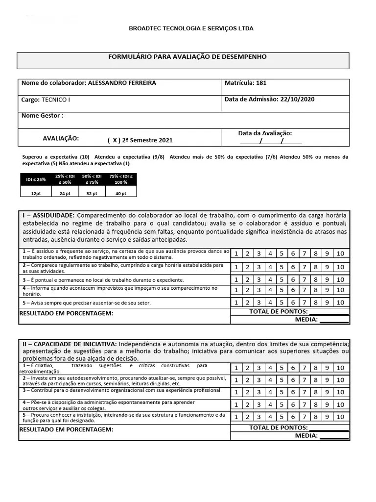 Formulário Para Avaliação De Desempenho | PDF