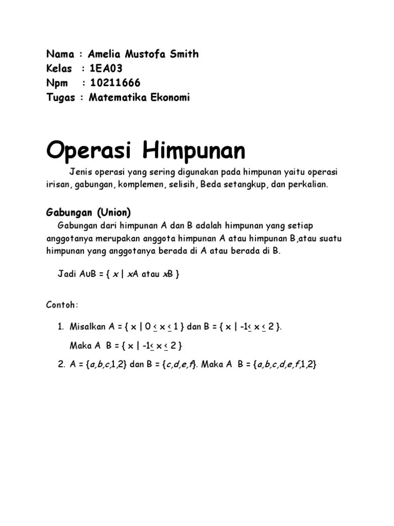 Operasi himpunan adalah operasi yang dikenakan terhadap himpunan. Operasi Himpunan Pdf