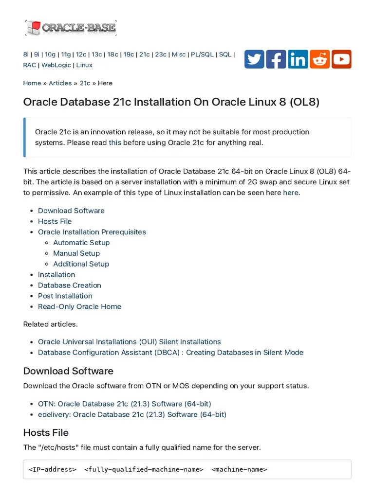 ORACLE-BASE - Oracle Database 21c Installation On Oracle Linux 8 (OL8 ...