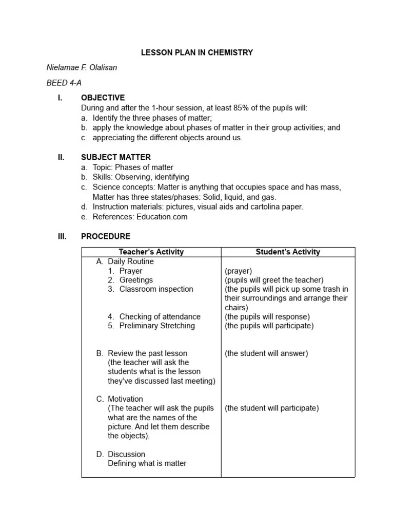 Lesson plan in chemistry
