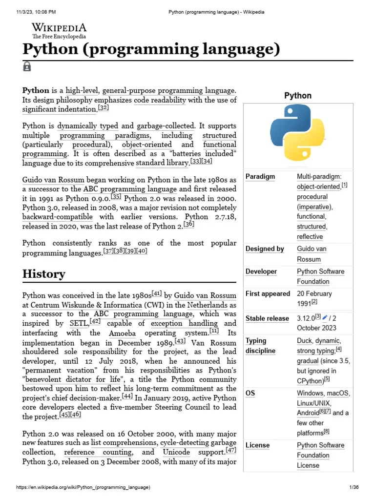 Python (Programming Language) - Wikipedia | Download Free PDF | Python ...