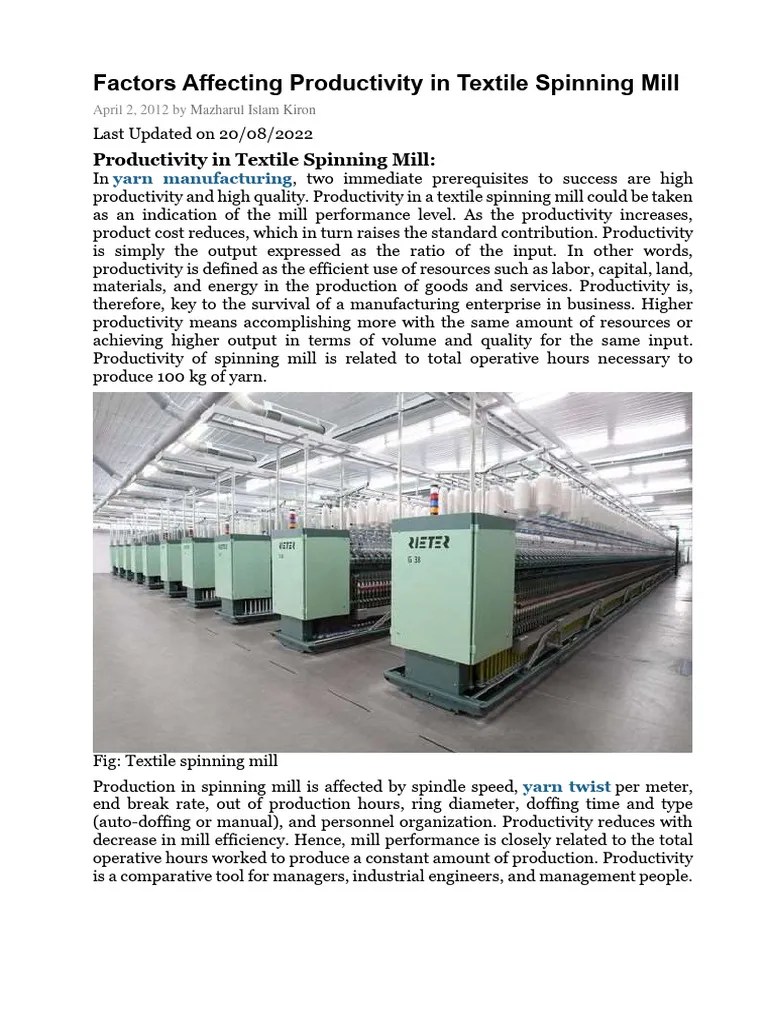 Factors Affecting Productivity In Textile Spinning Mill 5.6.2023 | PDF | Spinning (Textiles ...
