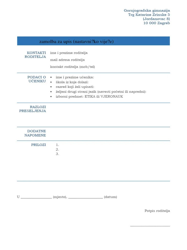 Obrazac-Molbe-Za-Upis-Gornjogradska-Gimnazija 3 | PDF