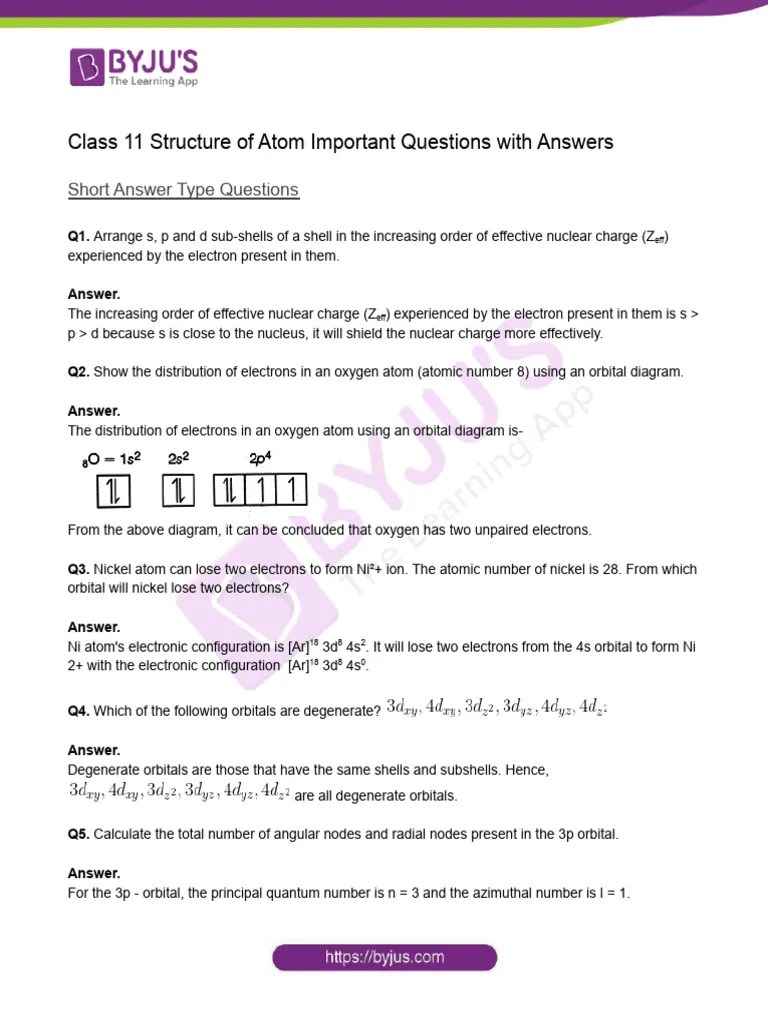 Class 11 Chemistry Important Question Answer Of Chapter 2 (Structure Of ...