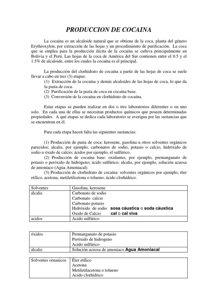 Produccion De Cocaina | PDF | Cocaína | Ácido Clorhídrico