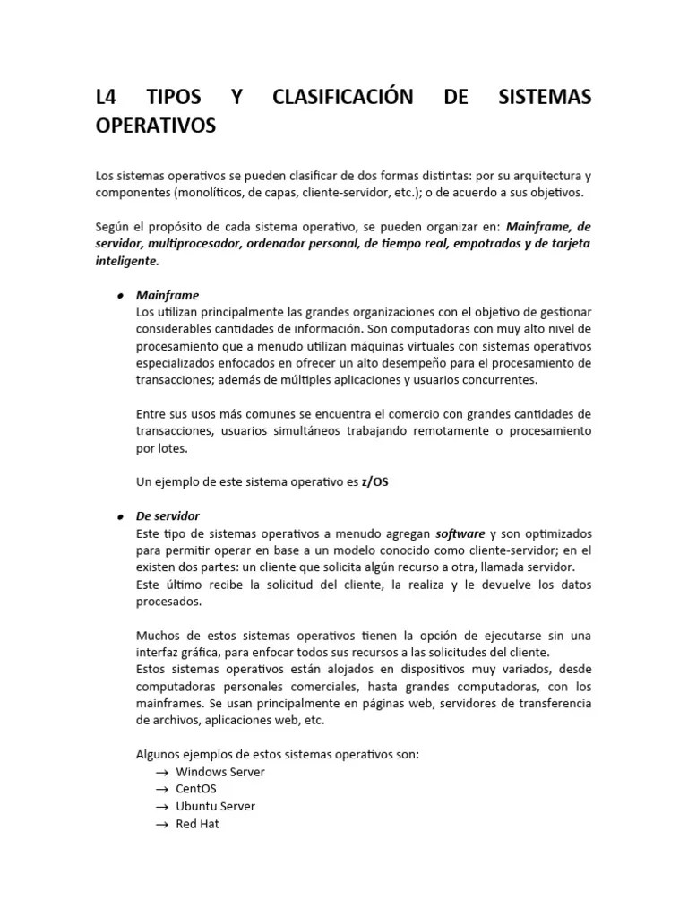 L4 Tipos Y Clasificación De Sistemas Operativos | PDF | Modelo Cliente-servidor | Sistema Operativo