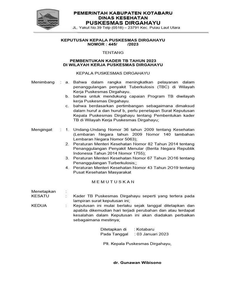 SK Kader TB 2023 Puskesmas Dirgahayu | PDF