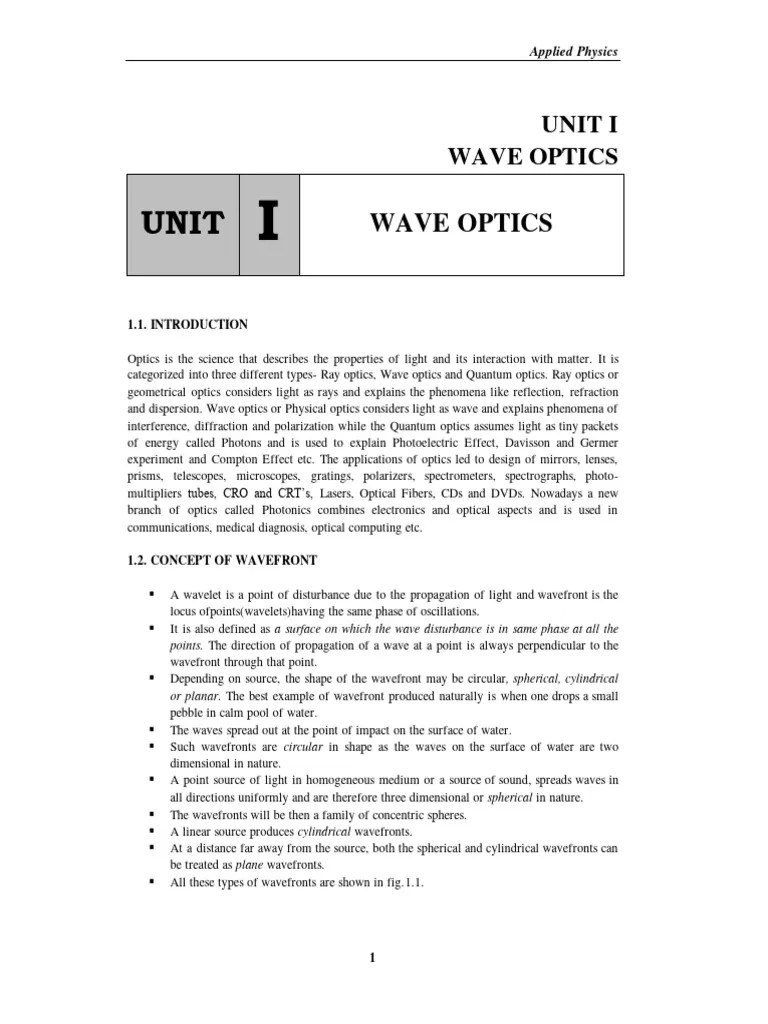 UNIT I - Wave Optics | PDF | Optics | Waves