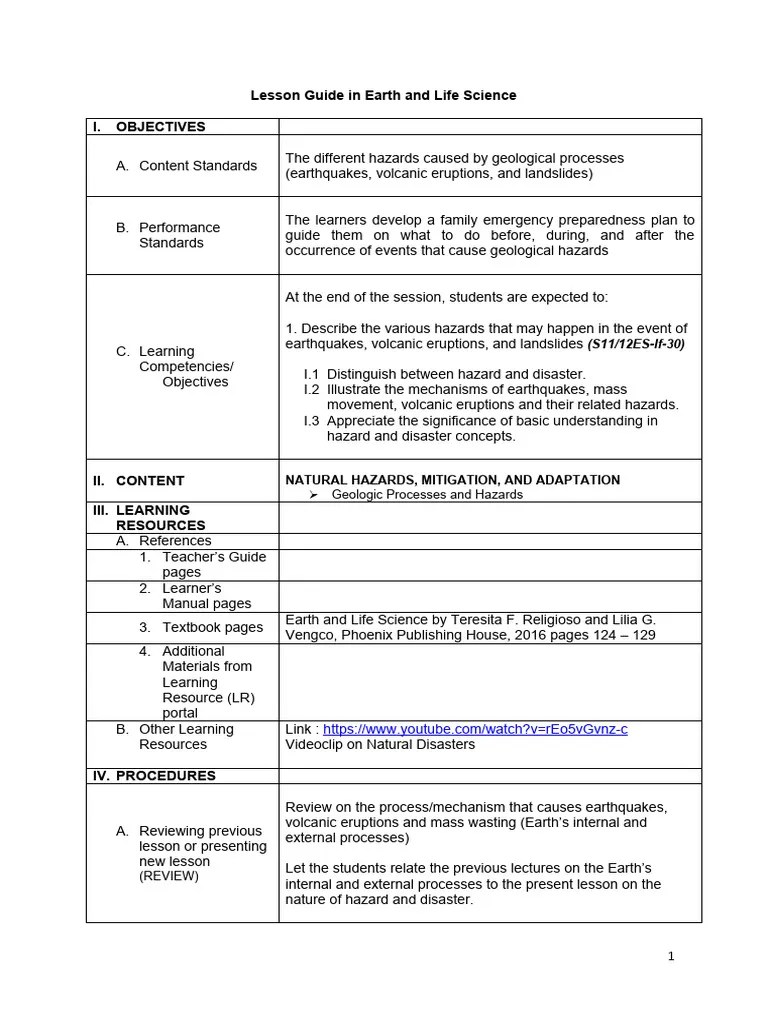 Lesson Guide In Earth And Life - Geologic Hazards | PDF | Landslide | Earthquakes