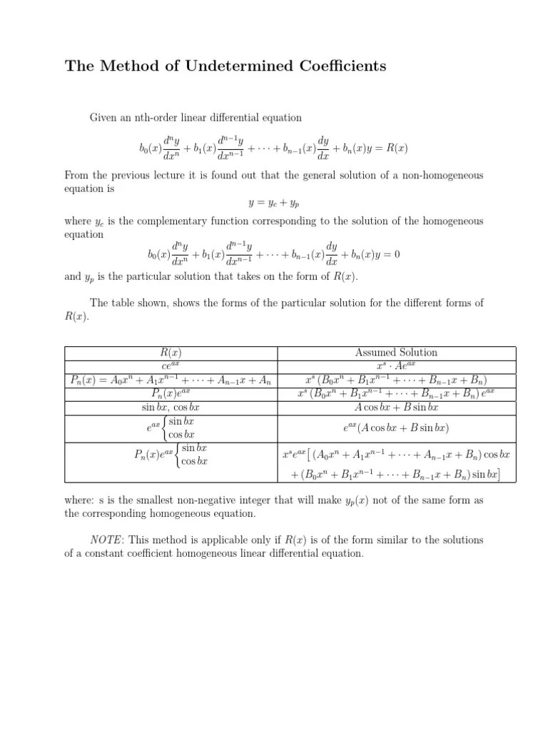 22 Method Of Undetermined Coefficients | PDF | Equations | Differential ...