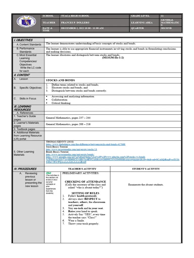 Lesson Plan (Stocks And Bonds) | PDF | Bonds (Finance) | Stocks