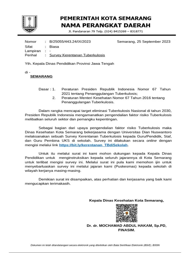 Surat Survey Kerentanan TBC Disdik Prov Jawa Tengah | PDF
