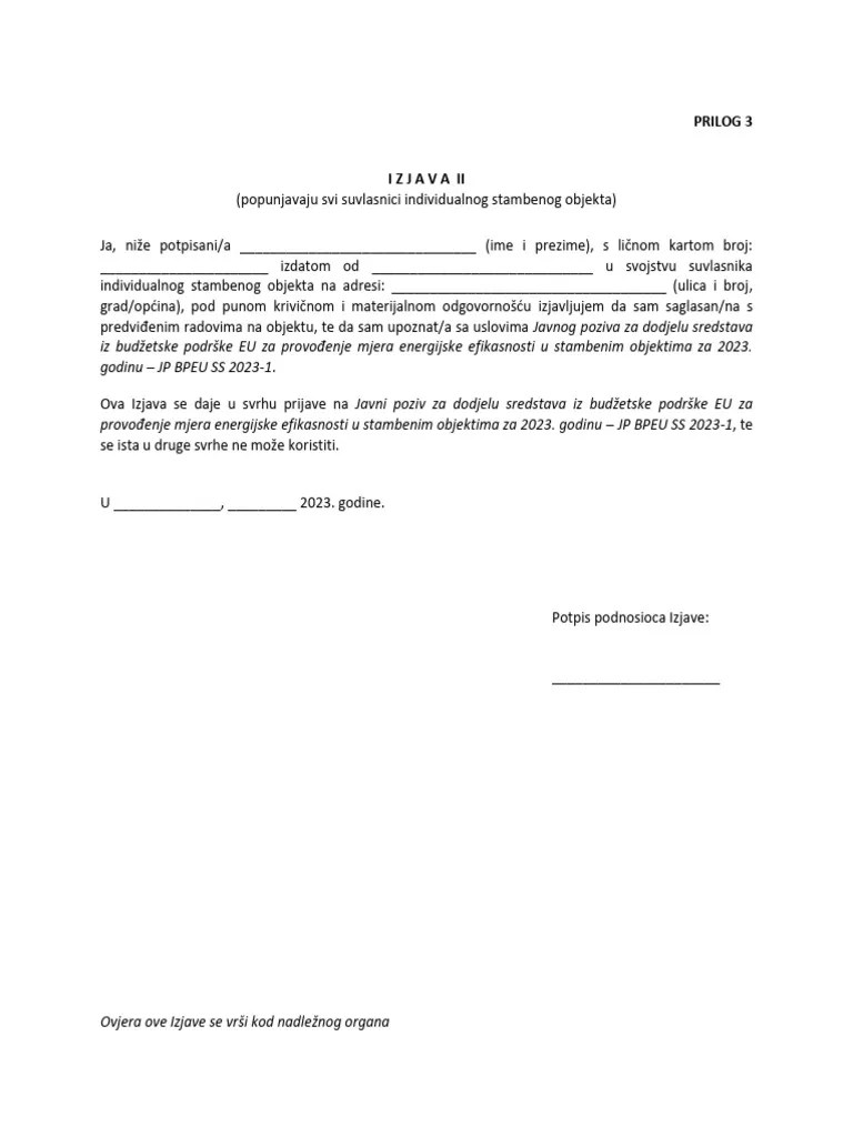 Prilog 3 - Izjava II JP BPEU SS 2023 1 | PDF