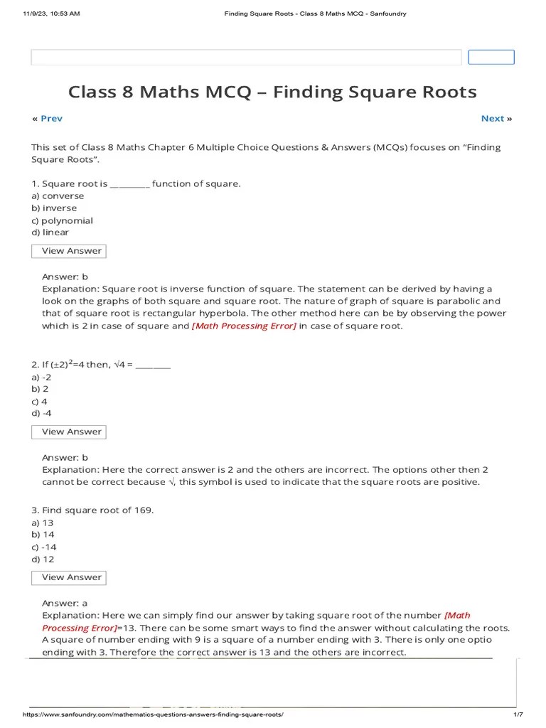 Finding Square Roots - Class 8 Maths MCQ - Sanfoundry | PDF | Multiple Choice | Numbers