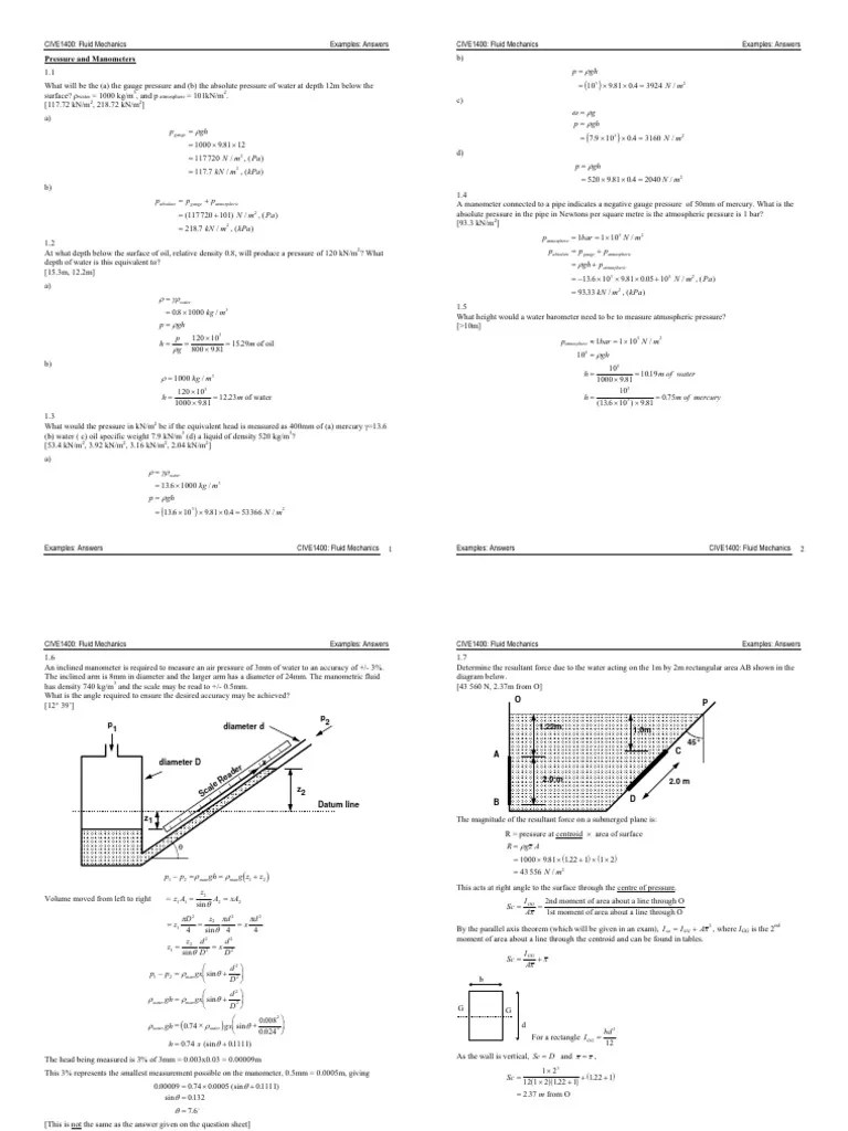 CIVE1400 Fluid Mechanics Examples Answer | Download Free PDF | Pressure Measurement | Pressure