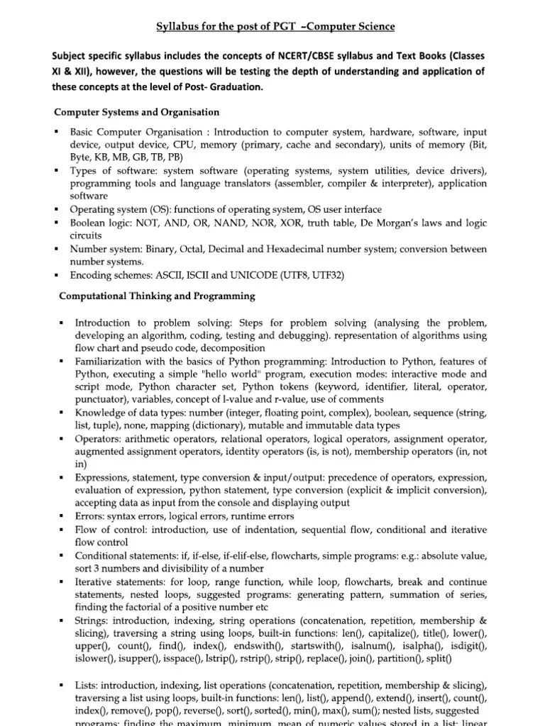 Kvs PGT Computer Science Syllabus 28917830 | PDF