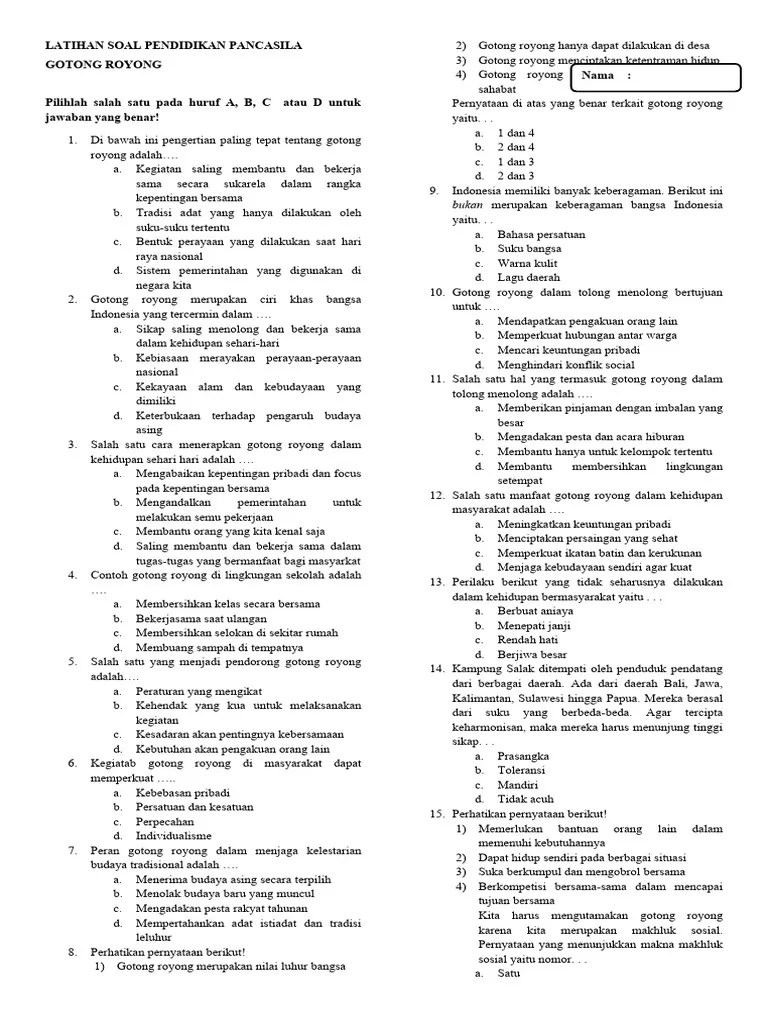 Latihan Soal Pendidikan Pancasila Gotong Royong | PDF
