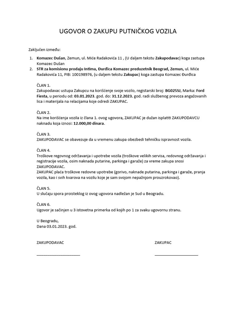 Ugovor O Zakupu Putničkog Vozila - Đurđa Komazec | PDF