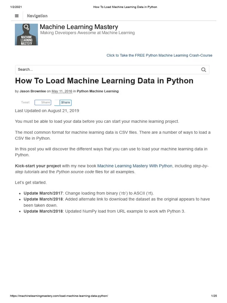 How To Load Machine Learning Data In Python | PDF | Comma Separated ...
