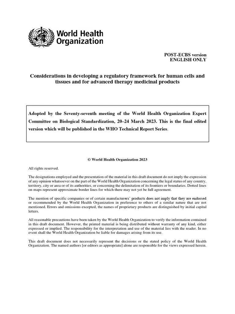 WHO. Considerations In Developing A Regulatory Framework For Human Cells Tissue And ATMP | PDF ...
