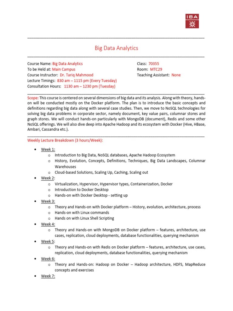 Course Outline Big Data Analytics | PDF | No Sql | Apache Hadoop