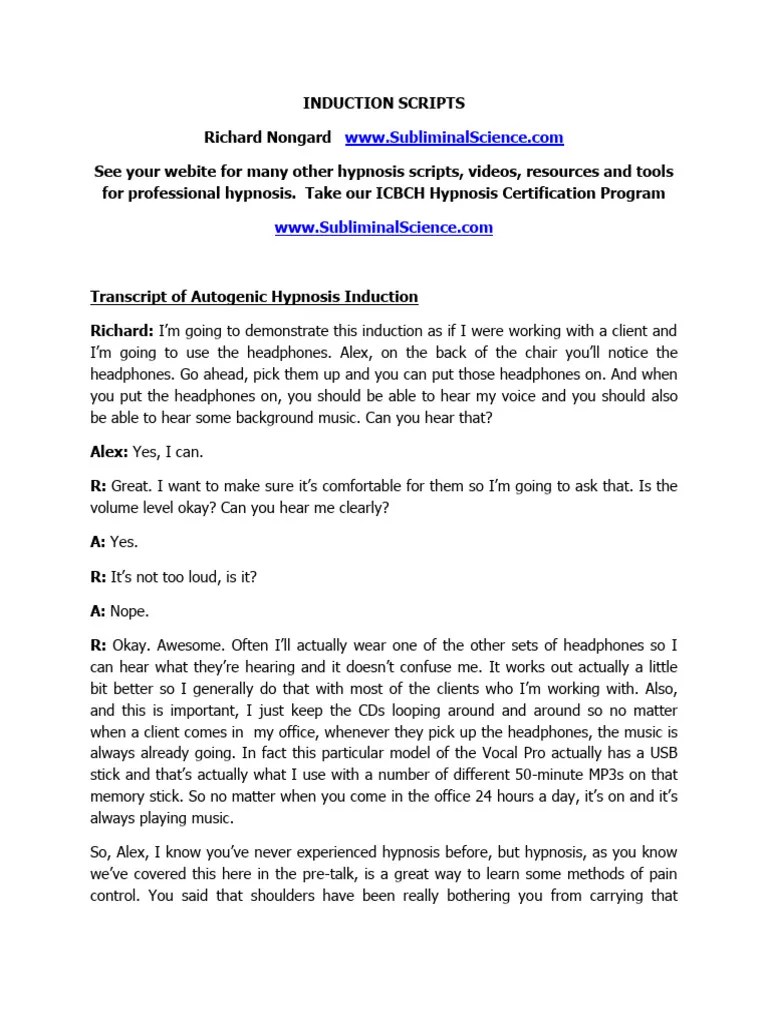 Induction Scripts | PDF | Hypnosis | Relaxation (Psychology)