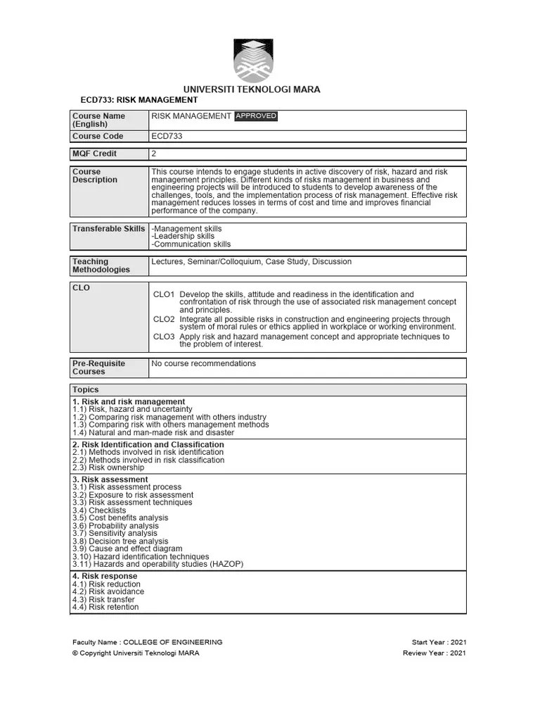 Course RISK MANAGEMENT | PDF | Risk | Risk Management