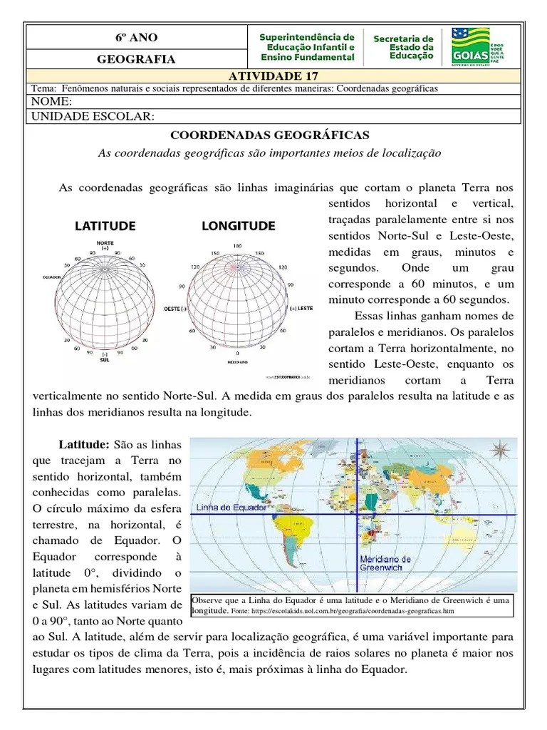 Atividade 17 6o GEO Coordenadas Geograficas 1 | Download Grátis PDF ...
