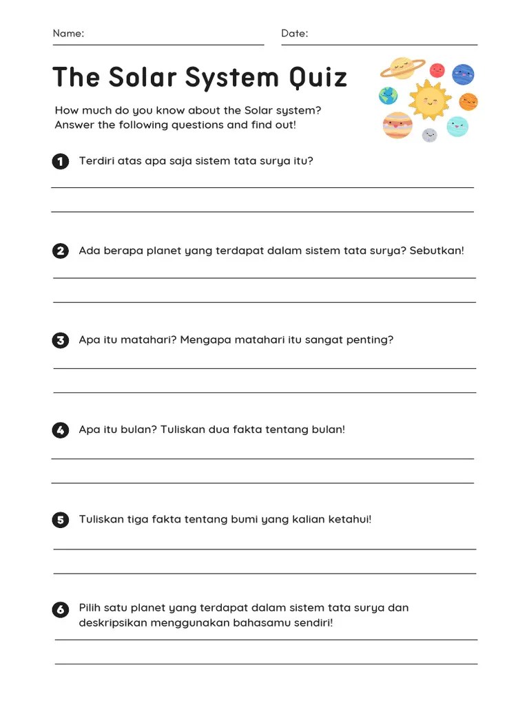 Colorful Simple Solar System Quiz Worksheet | PDF